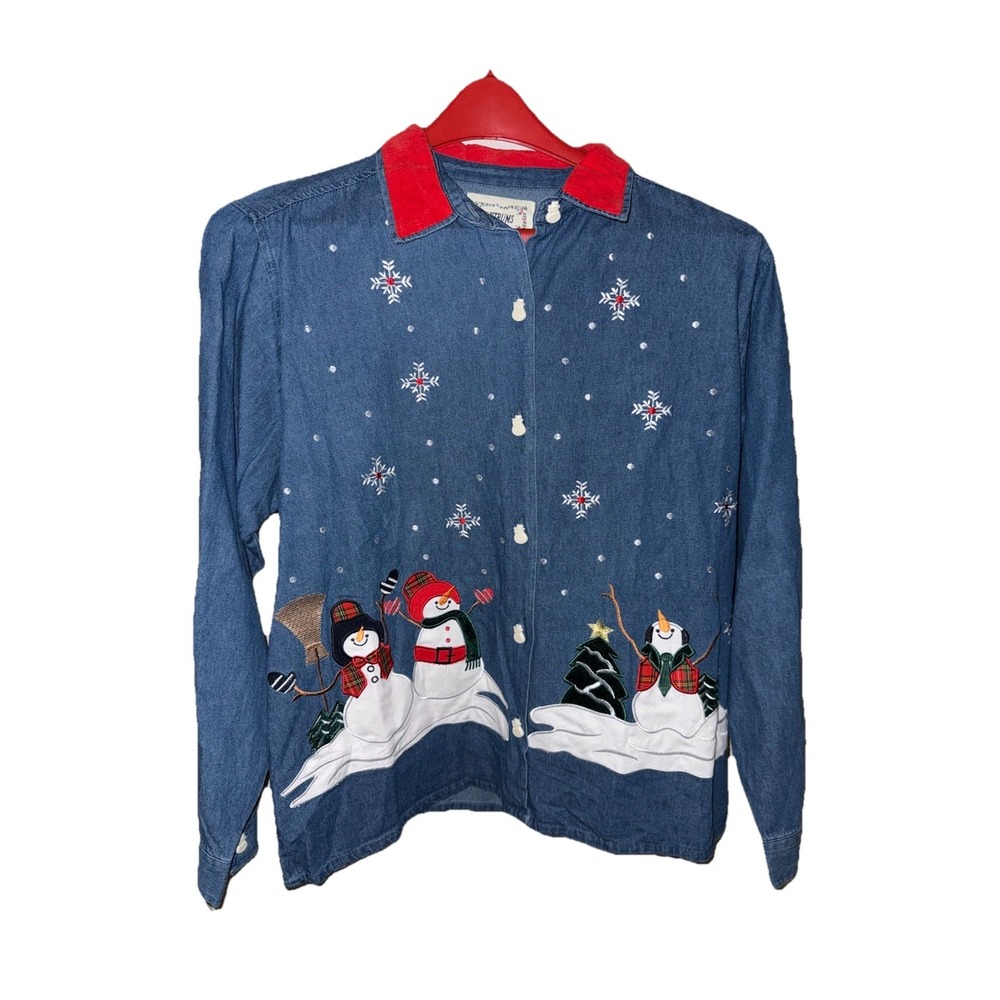 Vintage Tantrums Jean Jacket Women XL Embroidered Christmas Snowman Granny